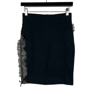 Blake Stretch Pencil Skirt Side Feather Fringe Black - S